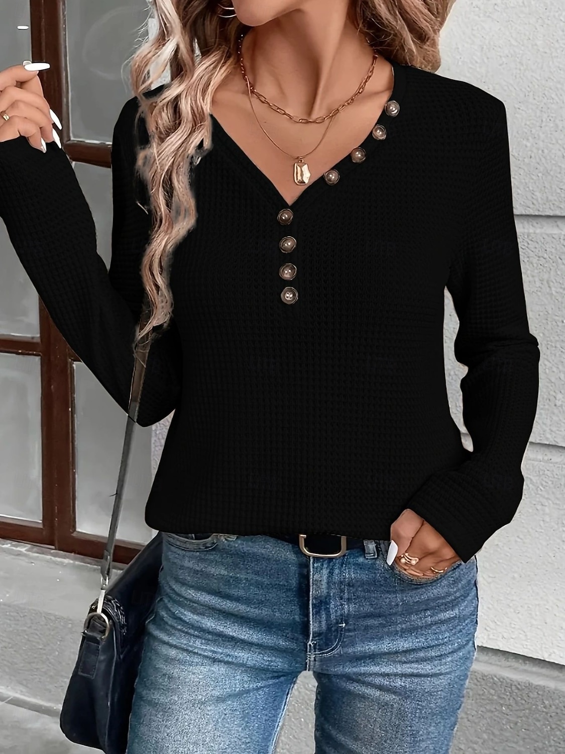 Per donna Blusa Bottoni Tinta unica Elegante Casual Manica Lunga Scollo a V Top Regolari Quotidiano Nero Bianco Fucsia Cachi Primavera Autunno Inverno del 2026 a $25.99 –P8