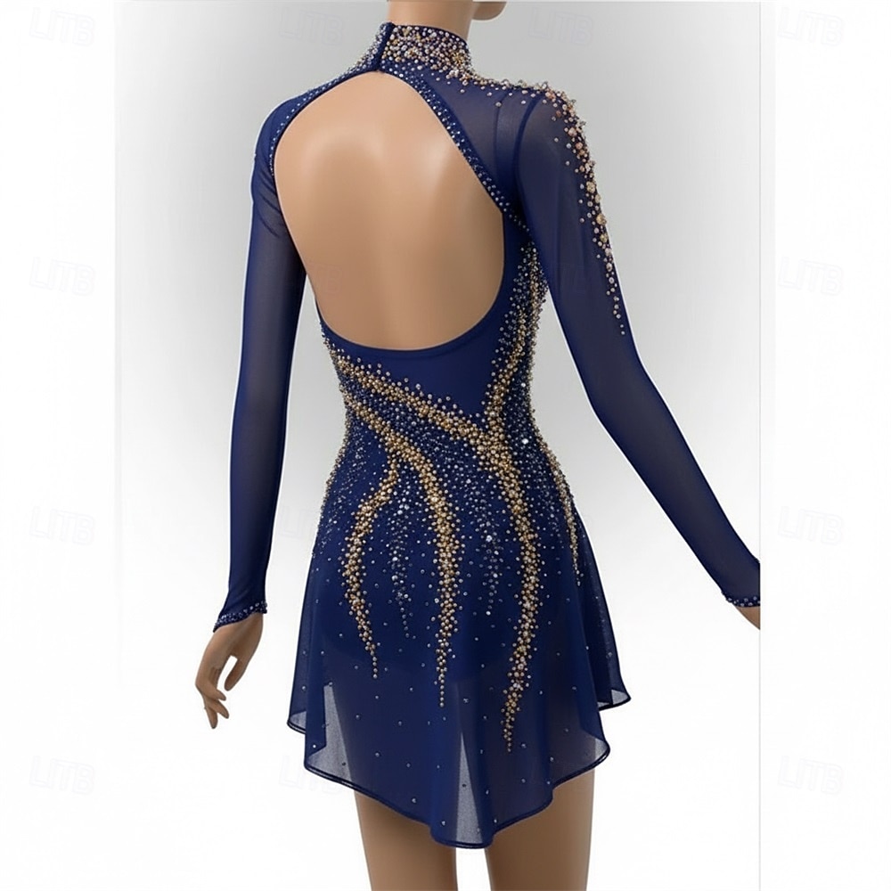 Eiskunstlaufkleid Damen Eislaufen Kleid Marineblau Patchwork Offener Rücken Dehnbar Training Wettbewerb Eiskunstlaufkleidung Klassisch Kristall / Strass Langarm Eislaufen Eiskundstlauf 2026 - $265.89 –P2