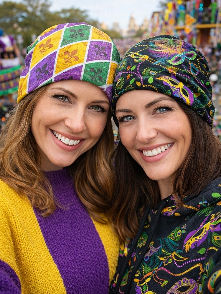 Damska czapka beanie z poliestru z nadrukiem, może służyć jako komin, wielowzorzysta, w stylu karnawałowym Mardi Gras, z miękkiej, elastycznej tkaniny, 2 w 1 jako nakrycie głowy i szalik na festiwale, imprezy i na co dzień 2026 - $11.99 –P4