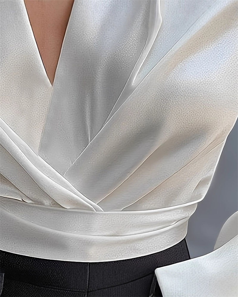 Damskie Elegancki Top satynowy Letnie szczyty Bluzka Z marszczeniami Niejednolita całość W fałdki Równina Elegancja Zabytkowe damska Długi rękaw W serek Zwykłe topy Codzienny Praca Święto Biały Lato 2026 - $31.99 –P4