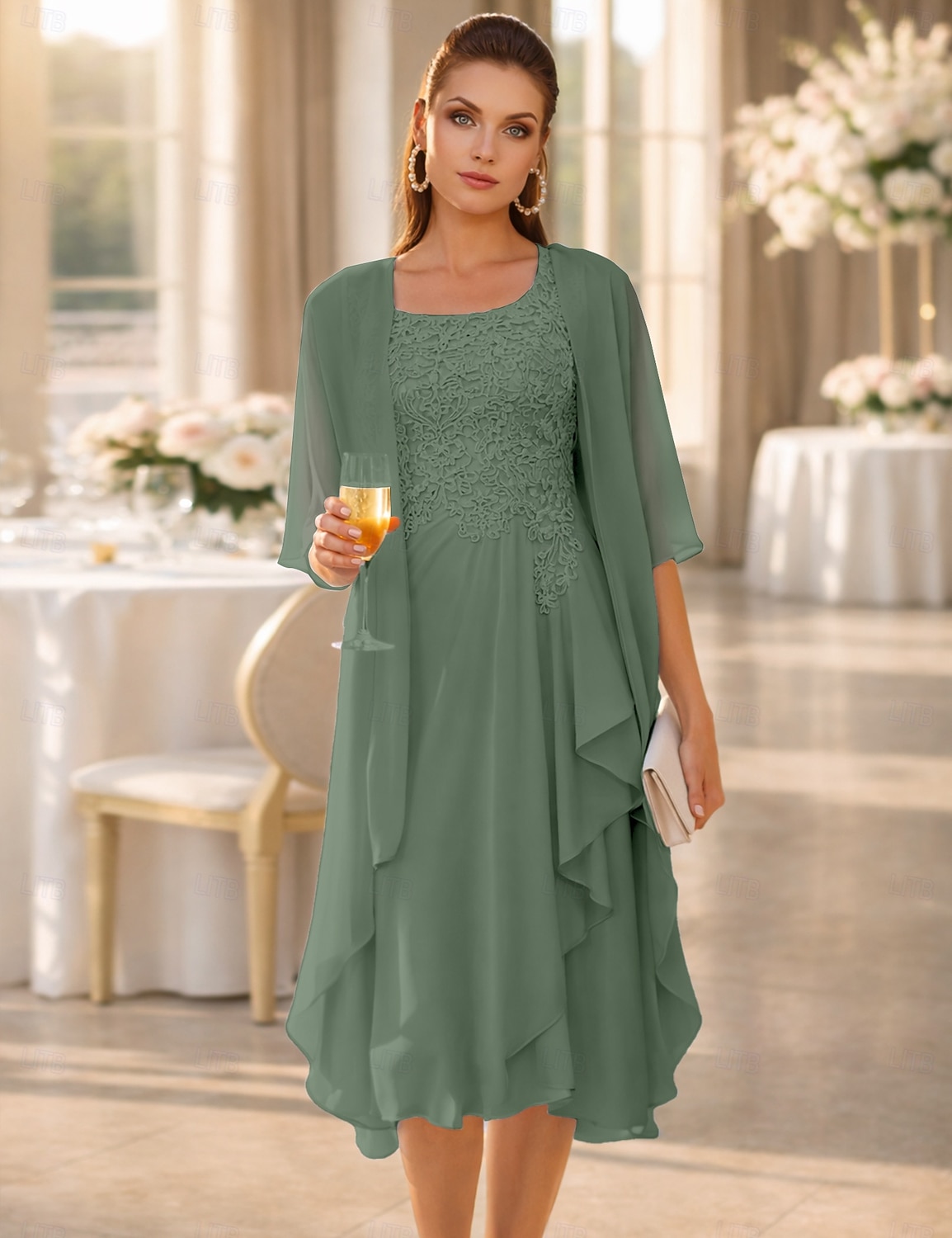 Из двух частей А-силуэт До колена Свадебное платье для гостей Платье для матери невесты Без рукавов Совок шеи Элегантный стиль Свадебный гость Свадебные прием Шифон Кружева Платья-жакеты с 2026 - $157.99 –P8