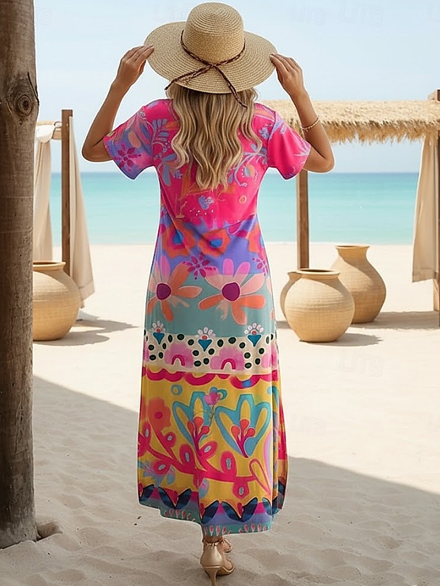 Per donna Abito Midi Vestito Estivo Abito a trapezio Vacanza Casual Boho A farfalla Spiaggia Vestibilità regolare Grafico Tribale Manica Corta Girocollo Blu Blu chiaro Oro nero Nero Estate Primavera del 2026 a $25.99 –P5