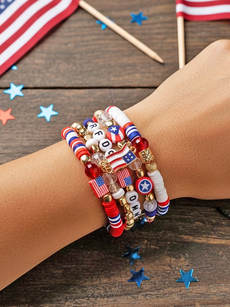 Юбилейный комплект многослойных браслетов для женщин к 250-летию США - сплавной материал с различными подвесками идеально подходит для Дня независимости и празднования в США 2026 - $11.99 –P3