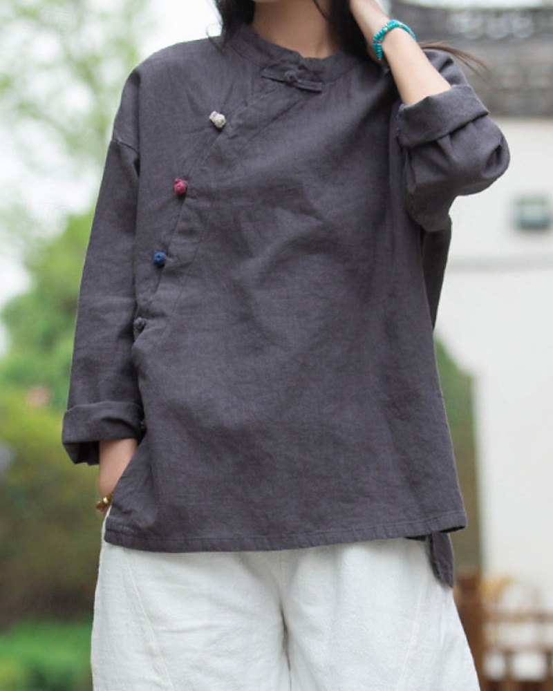 Camicia da donna a maniche lunghe con colletto alla coreana in lino biologico del 2026 a $45.99 –P16