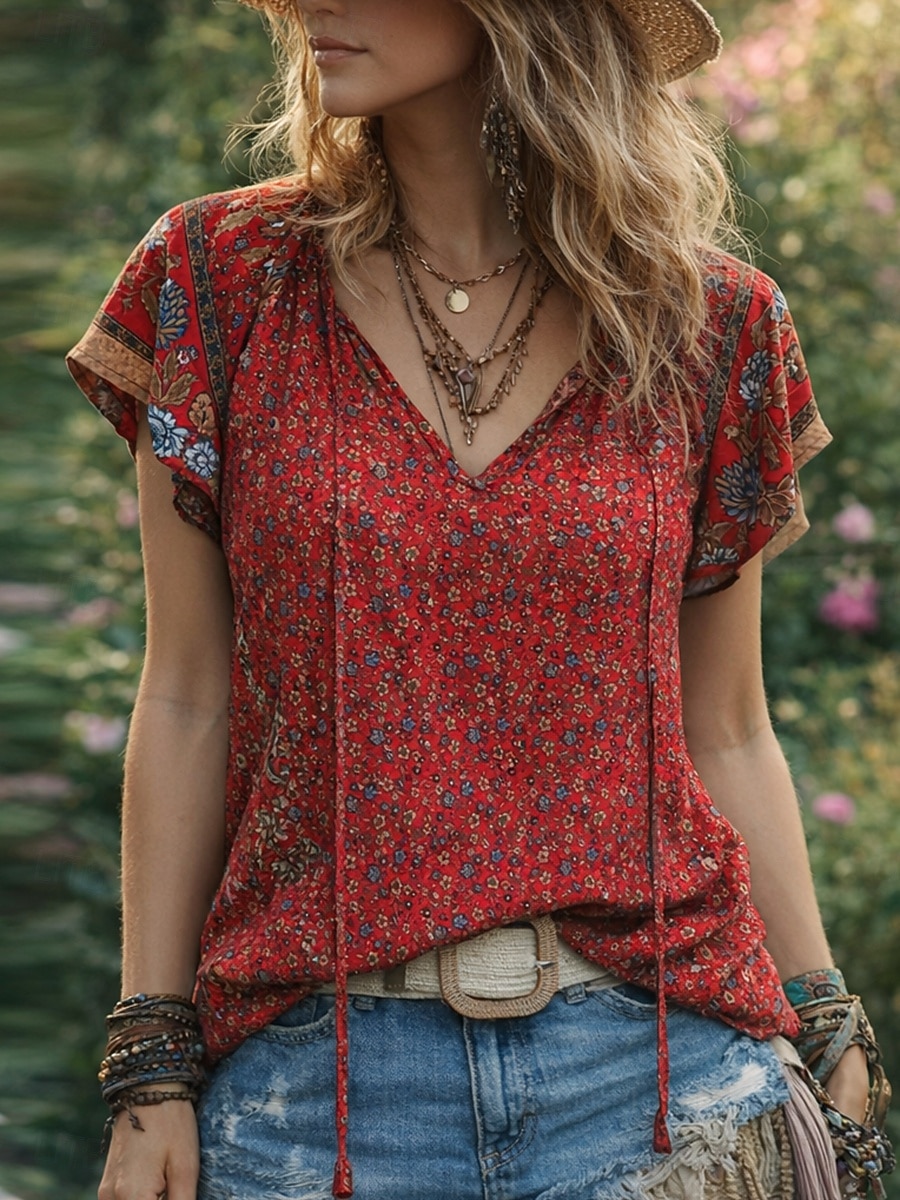 Damen Bluse Druck Blumen Bohemien Vintage Lässig Kurzarm V Ausschnitt Normale Oberteile Täglich Ferien Ausgehen Blau Rote Braun Aprikose Sommer Frühling 2026 - $27.99 –P2