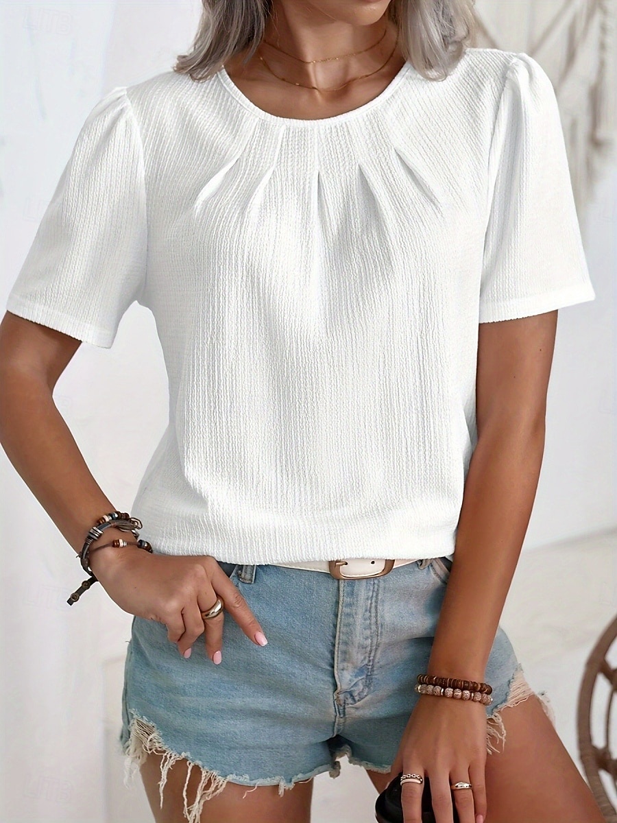 Női Póló Tee Top Fodrozott Tömör szín Divat Klasszikus Alkalmi Rövid ujjú Terített nyak Normál felsők Napi Alkalmi Hétvége Fekete Fehér Nyár Tavasz 2026 - $19.99 –P1