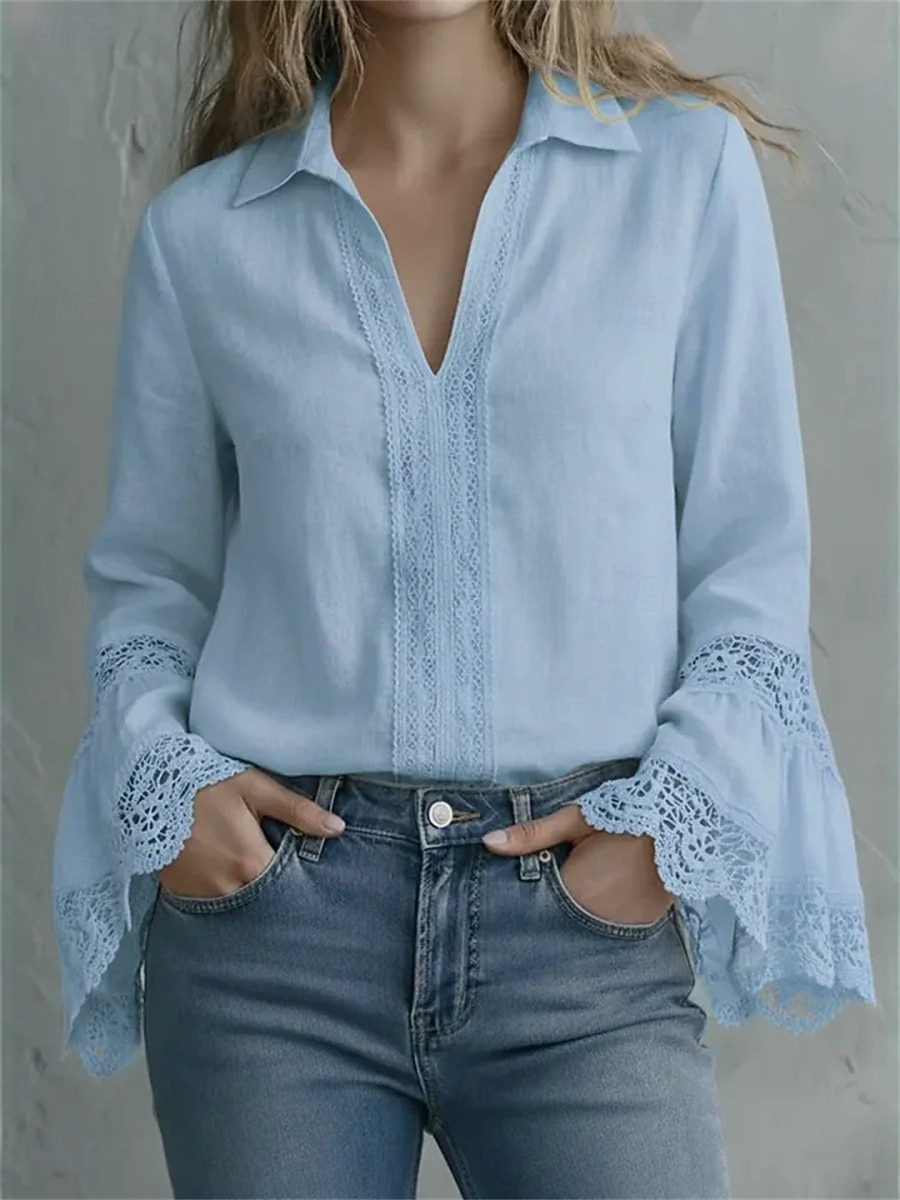 Damen Bluse Elegante Oberteile Spitzentops Gerafft Spitze Patchwork Einfarbig Einfach Elegant Damen Stilvoll Langarm V Ausschnitt Normale Oberteile Täglich Arbeit Ferien Blau Schwarz Weiß Rosa 2026 - $25.99 –P4