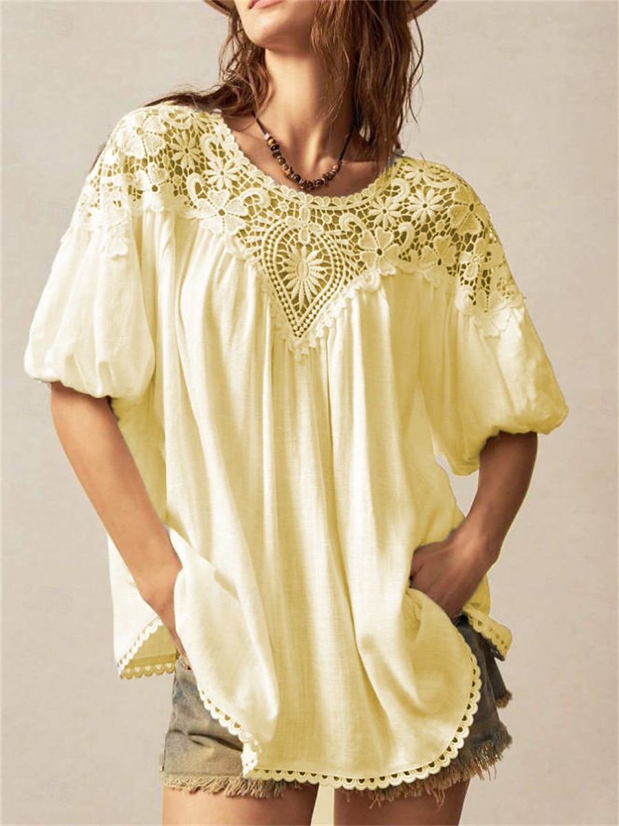 Mujer Tops de verano Blusa Tops de encaje Frunce Encaje Retazos Plano Elegante Tropical damas Manga Corta Manga de la linterna Cuello Barco Tops regulares Diario Trabajo Festivos Blanco Amarillo Rojo 2026 - $32.99 –P6