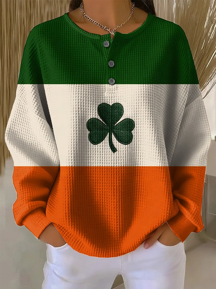 سويت شيرت نسائي من سانت باتريك بمناسبة يوم القديس باتريك برسومات شامروك، دافئ، كلاسيكي، غير رسمي، بأكمام طويلة، رقبة دائرية، أعلى عادي، ملابس يومية، طباعة أزرار، أخضر 2026 - $26.99 –P5