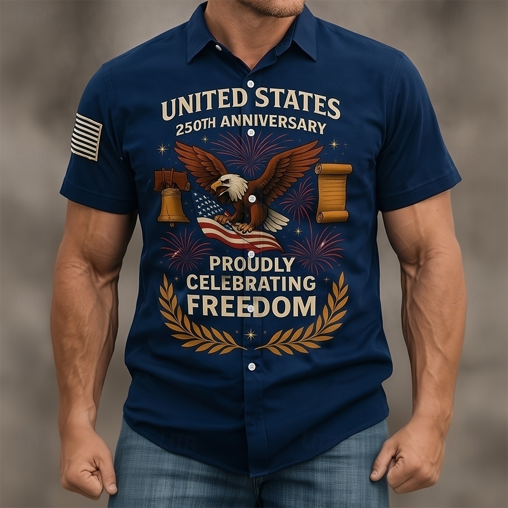 Herre 4. juli USAs 250-årsjubileum Ørn FREEDOM Skjorte Skjorte med knapper Kortermet Patriotisk utendørs Ferie Sommer Vår Aftæpning 3D-utskrift krage skjorter Svart Vin Mørkeblå 2026 - $25.99 –P3