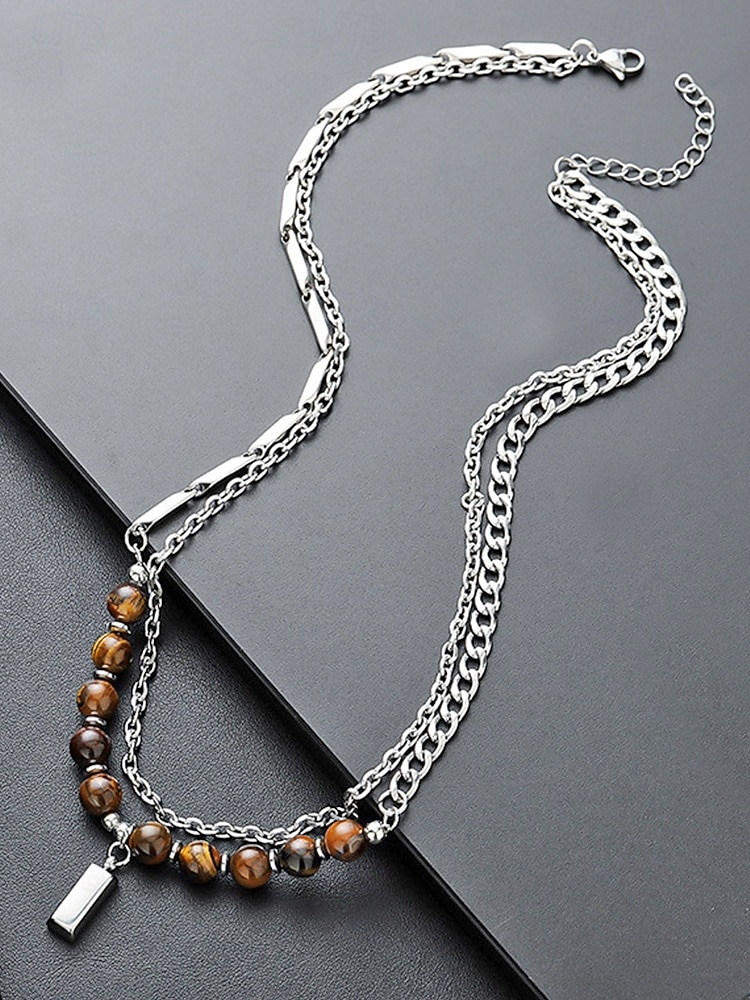Мужское ожерелье из сплава и бусин тигрового глаза, двухслойная цепочка с подвеской, повседневный стиль бохо, прочное и стильное, идеально подходит для отдыха, курортной одежды и повседневной носки. 2026 - $11.99 –P6