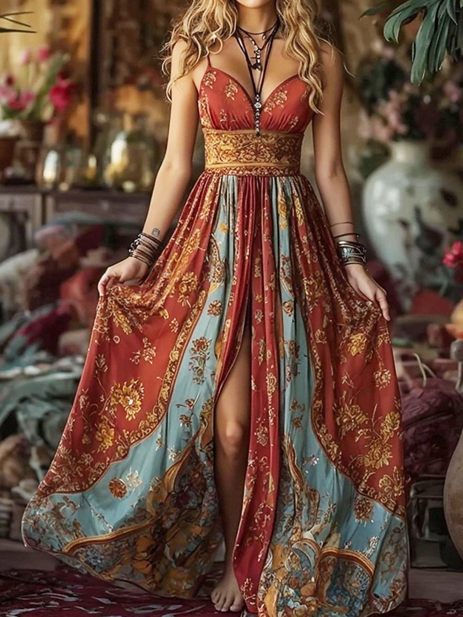 Damen Maxikleid Sommerkleid A Linie Kleid Unterkleid Urlaub Lässig Boho Outdoor Ausgehen Normale Passform Blumen Ärmellos Spaghettiträger Rote Sommer Frühling 2026 - $13.49 –P1