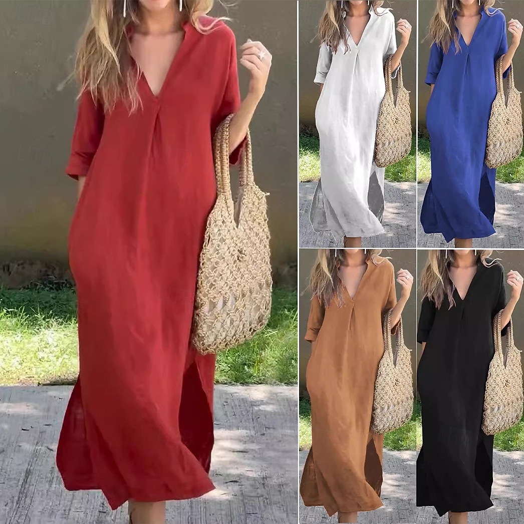 Women's Maxi Dress Shift Dress Summer Dress Casual Daily Loose Fit Plain 3/4 Length Sleeve V Neck Blue Black White Red Summer Spring Fall 2026 - $29.99 –P1