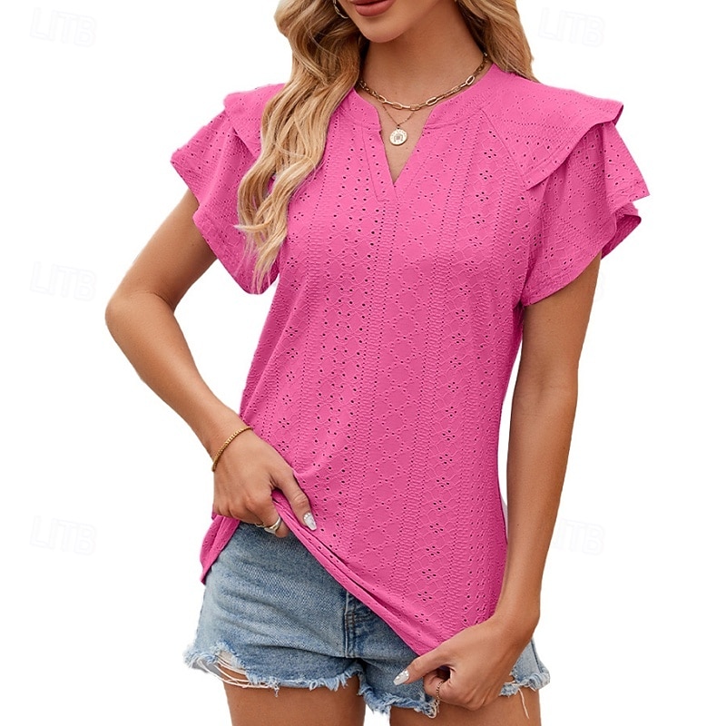 Dames Blouse Effen Elegant Stijlvol Modern Korte mouw V-hals Normale tops Dagelijks Feestdagen Uitgaan Zwart Wit Blozend Roze Wijn Rose Roze Zomer Lente 2026 - $24.99 –P1