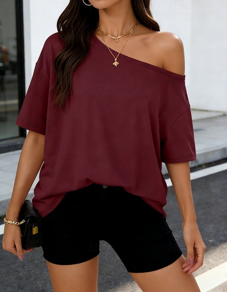 Damskie Podkoszulek Jednokolorowe Elegancki Codzienny Krótki rękaw zimne ramię Długie topy Codzienny Wyjściowe Niebieski Czarny Biały Rumiany róż Wino Lato Wiosna 2026 - $21.99 –P6