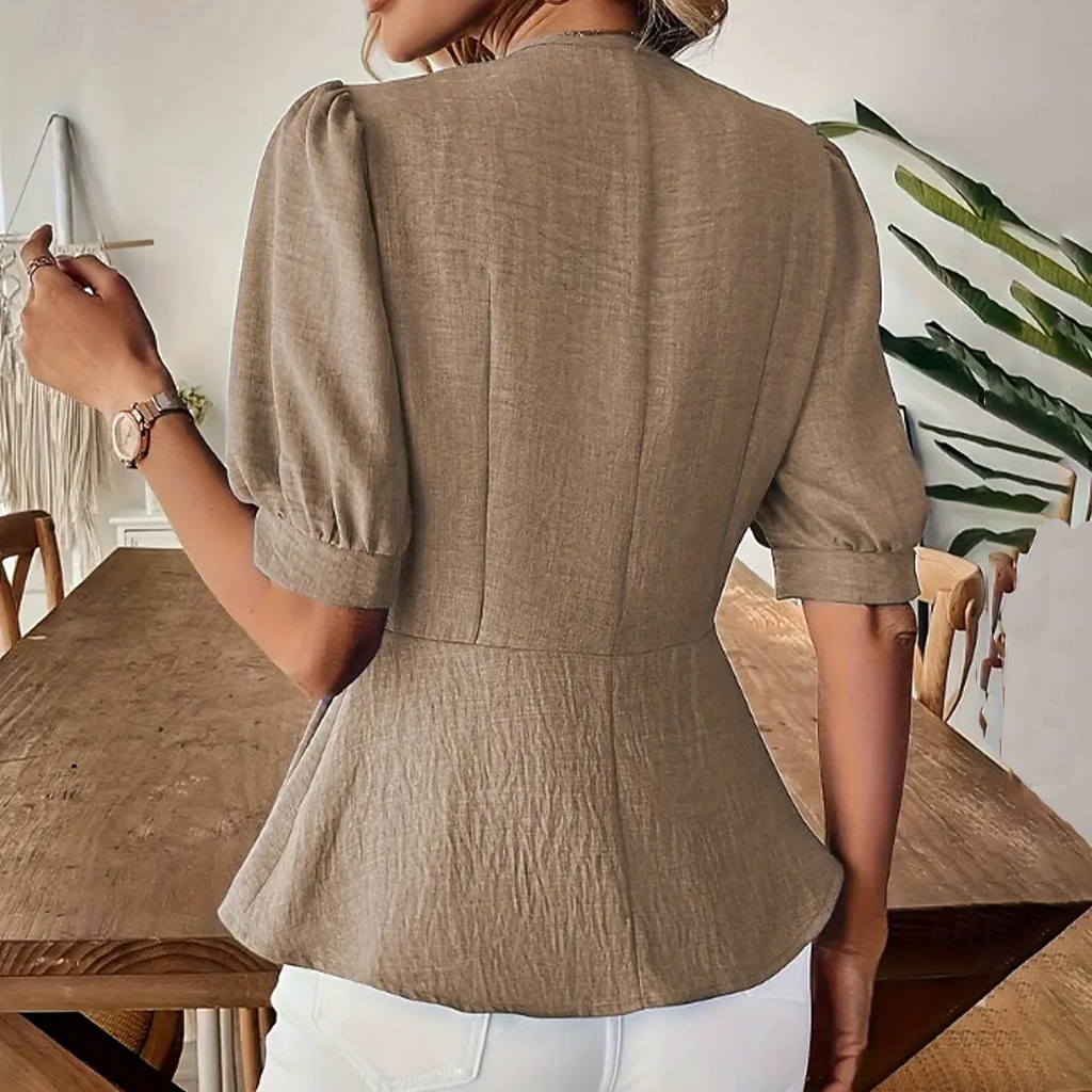 Damen Freizeithemd Knopfhemd Bluse Gerafft Tunika Knöpfe Einfarbig Einfach Elegant Täglich Stilvoll Kurzarm Puffärmel V Ausschnitt Normale Oberteile Ferien Strandbekleidung Urlaubskleidung Blau Kamel 2026 - $24.99 –P2