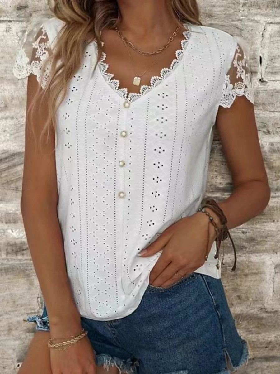 Women's Blouse Lace Eyelet Buttons Solid Color Stylish Basic Casual Short Sleeve V Neck Regular Tops Daily Blue Black White Light Green Pink Summer Spring 2026 - $21.99 –P8