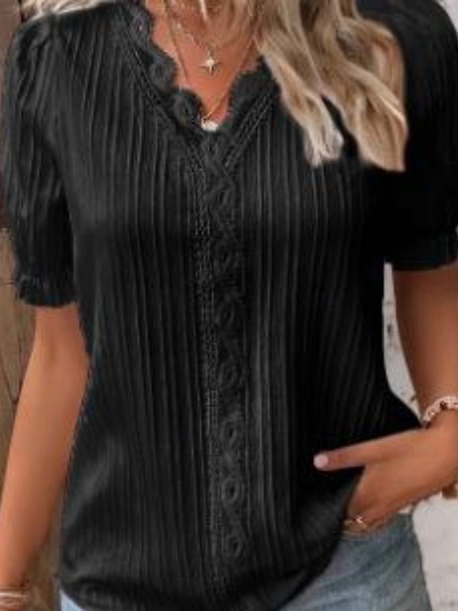 Per donna Maglietta Pizzo Patchwork Semplice Moda Elegante Classico Manica Corta Scollo a V Top Regolari Quotidiano Uscire Weekend Nero Bianco Giallo Azzurro cielo Viola Estate Primavera del 2026 a $8.49 –P2