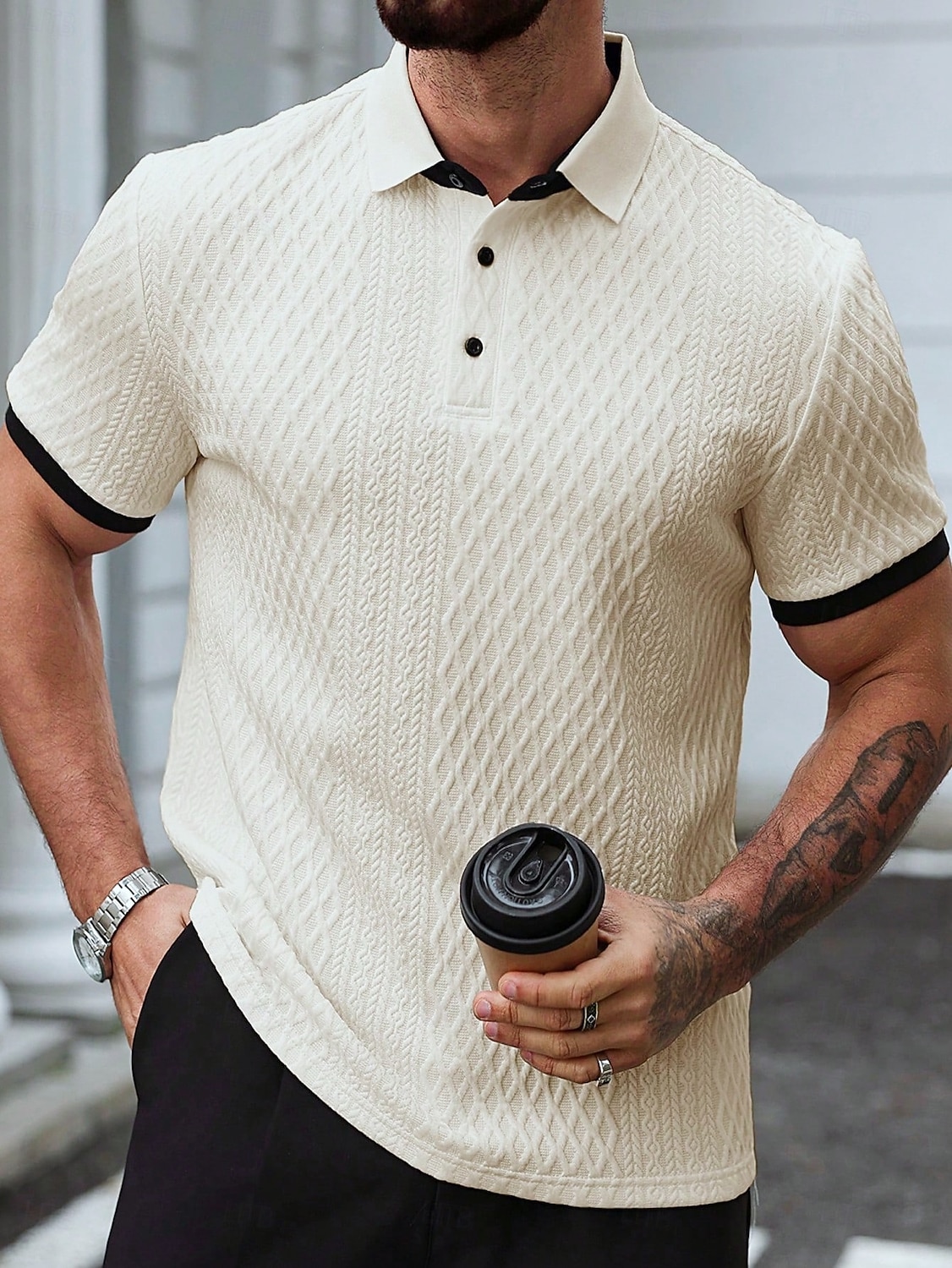 Herre Poloskjorter Med Tekstur Avslappet Virksomhet Ribbet polokrage Klassisk Kortermet Mote Grunnleggende Helfarge Jacquardvevnad Knapper Sommer Vår Vår & Vinter Normal Hvit Beige Poloskjorter 2026 - $25.99 –P6