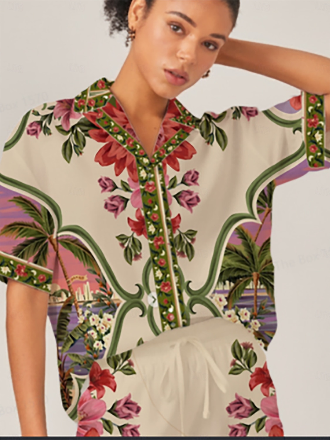 Vzdušná lněná košile s květinovým vzorem a havajskými palmami 2026 - $67.99 –P1