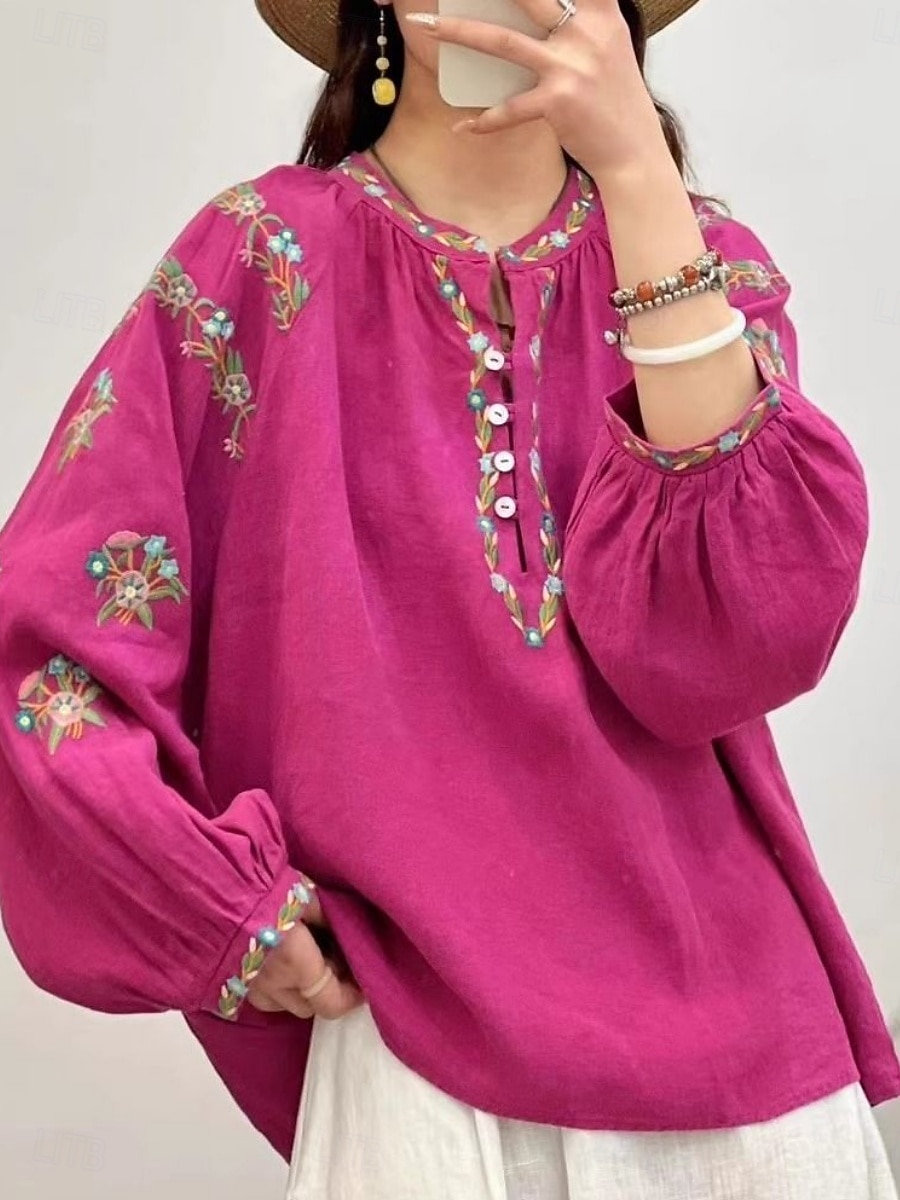 Women's Cotton Linen Shirts Faux Cotton Linen Embroidered Floral Basic Casual Long Sleeve Crew Neck Regular Tops Daily Pink Fuchsia Green Beige Summer Spring Fall 2026 - $25.99 –P4