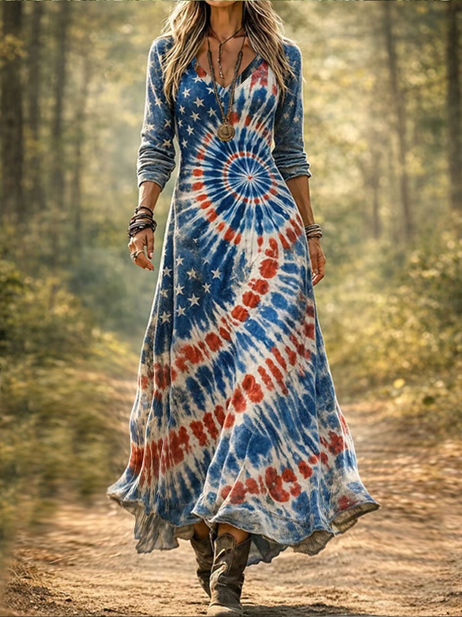 Robe midi patriote pour femmes du Jour de l'Indépendance Robe Fourreau Fête Décontractée Boho Rendez-vous Ajustement Régulier Imprimé graphique Drapeau Manches Longues Col V Bleu Été Printemps de 2026 ? $37.99 –P1