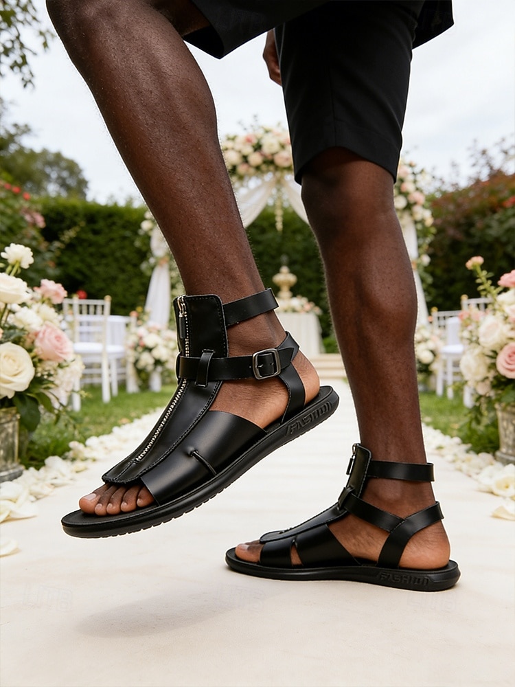 Men's Black Faux Leather Open-Toe Sandals, Buckle Strap Design, Comfortable Support, Casual Elegant Style for Beach Wedding Guests 2026 - $42.99 –P1