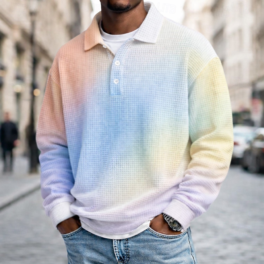 Муж. Градиентная рампа Рубашки-поло из вафельной ткани Длинный рукав Футболки поло Лацкан Спортивная одежда На каждый день Школа Одежда для спорта и отдыха На каждый день 3D печать Весна Осень Зима 2026 - $28.99 –P5