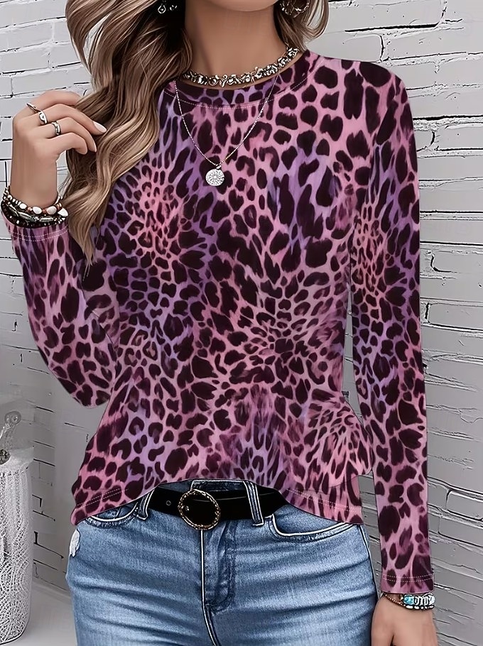 Mulheres Camiseta Imprimir Gráfico Geométrica Abstrato Vintage Moda à moda Manga Longa Gola Redonda Tops regulares Diário Azul Vermelho Roxo Fúcsia Marron Verão Primavera de 2026 por $24.99 –P8