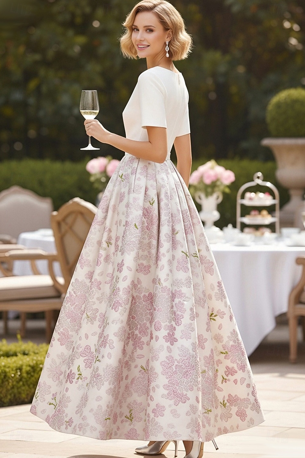 A-linje Ankellengde Cocktail Kjole Gjestekjole til bryllup Derbykjole Kjole til brudens mor Kortermet Båthals Elegant Formell Kentucky Derby Jacquard med Plissert Fargeblokk 2026 - $186.29 –P2