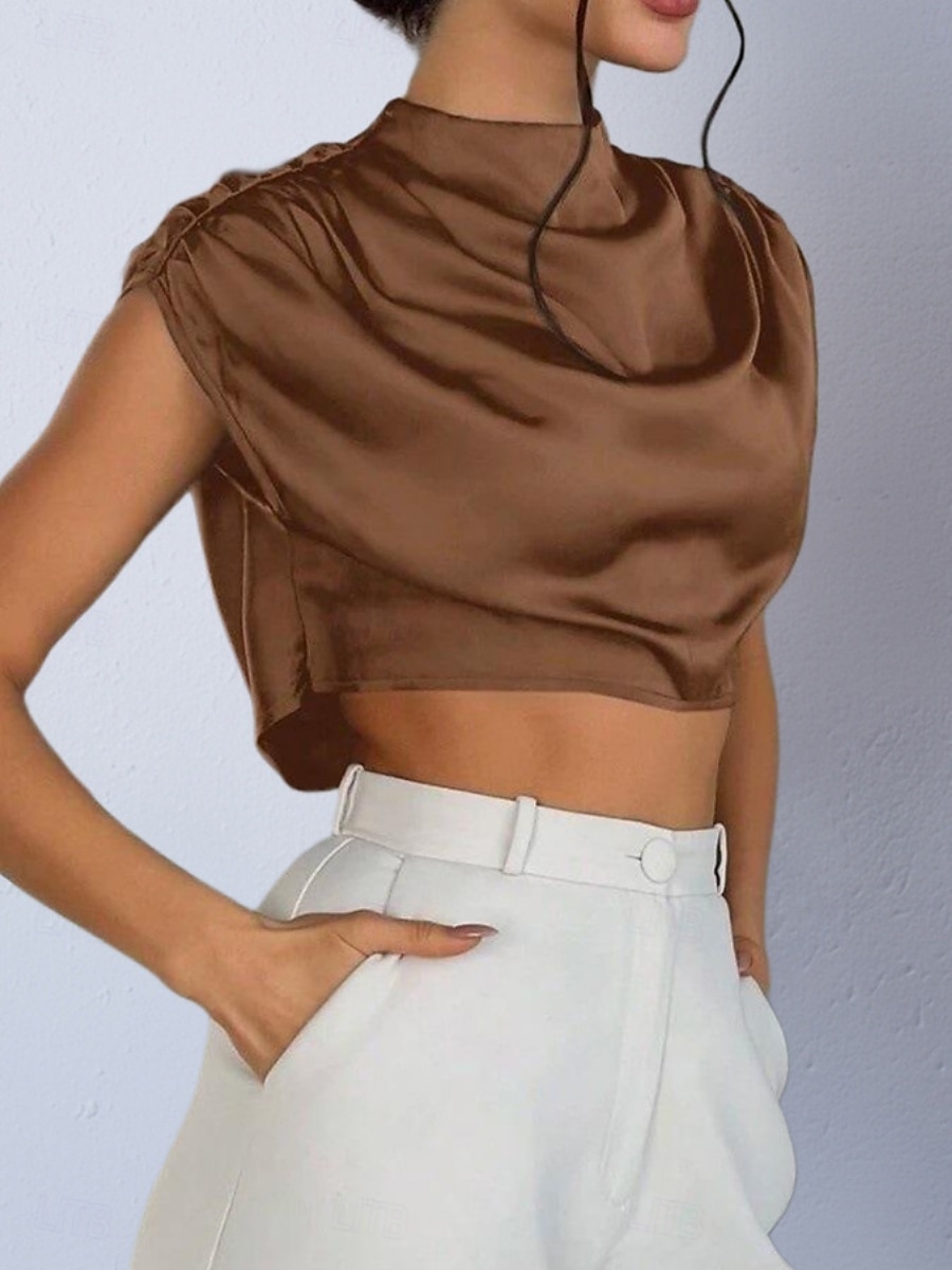 Damen Hemd Satinhemd Bluse Wickel-Crop-Top Gerafft Einfach Vintage Stilvoll Klassisch Kurzarm Hoher Ausschnitt Crop Tops Täglich Ferien Ausgehen Schwarz Weiß Marineblau Braun Grün Frühling Herbst 2026 - $22.99 –P14