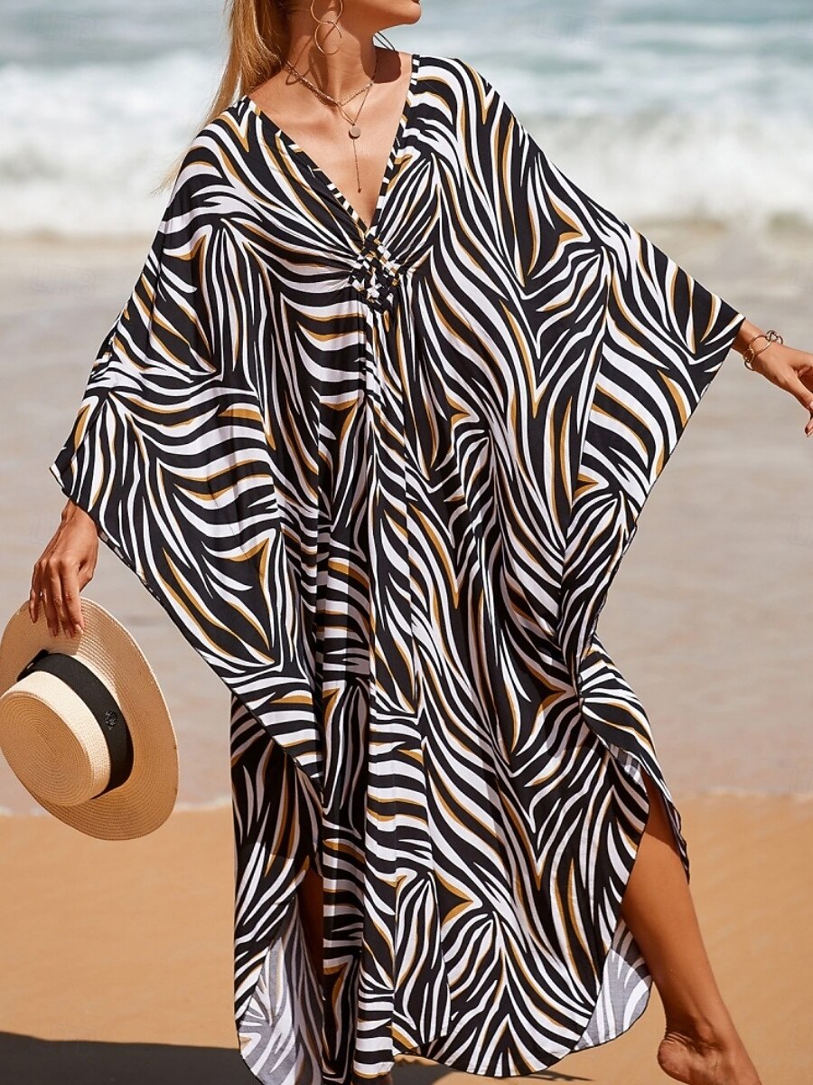 Damskie Sukienka maxi sukienka plażowa Codzienne sukienki Sukienka Boho Cover Up Elegancja Moda Nowoczesny Na zewnątrz Plaża Urlop Luźna Prążki Krótki rękaw W serek Niebieski Czarny Biały Rumiany róż 2026 - $32.99 –P14