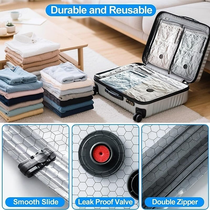 Bolsas de compresión para almacenamiento al vacío de viaje inalámbricas, juego de bolsas grises reutilizables con sellado al vacío, organizador de ropa transparente para equipaje, armario, embalaje de viaje. 2026 - $16.99 –P9