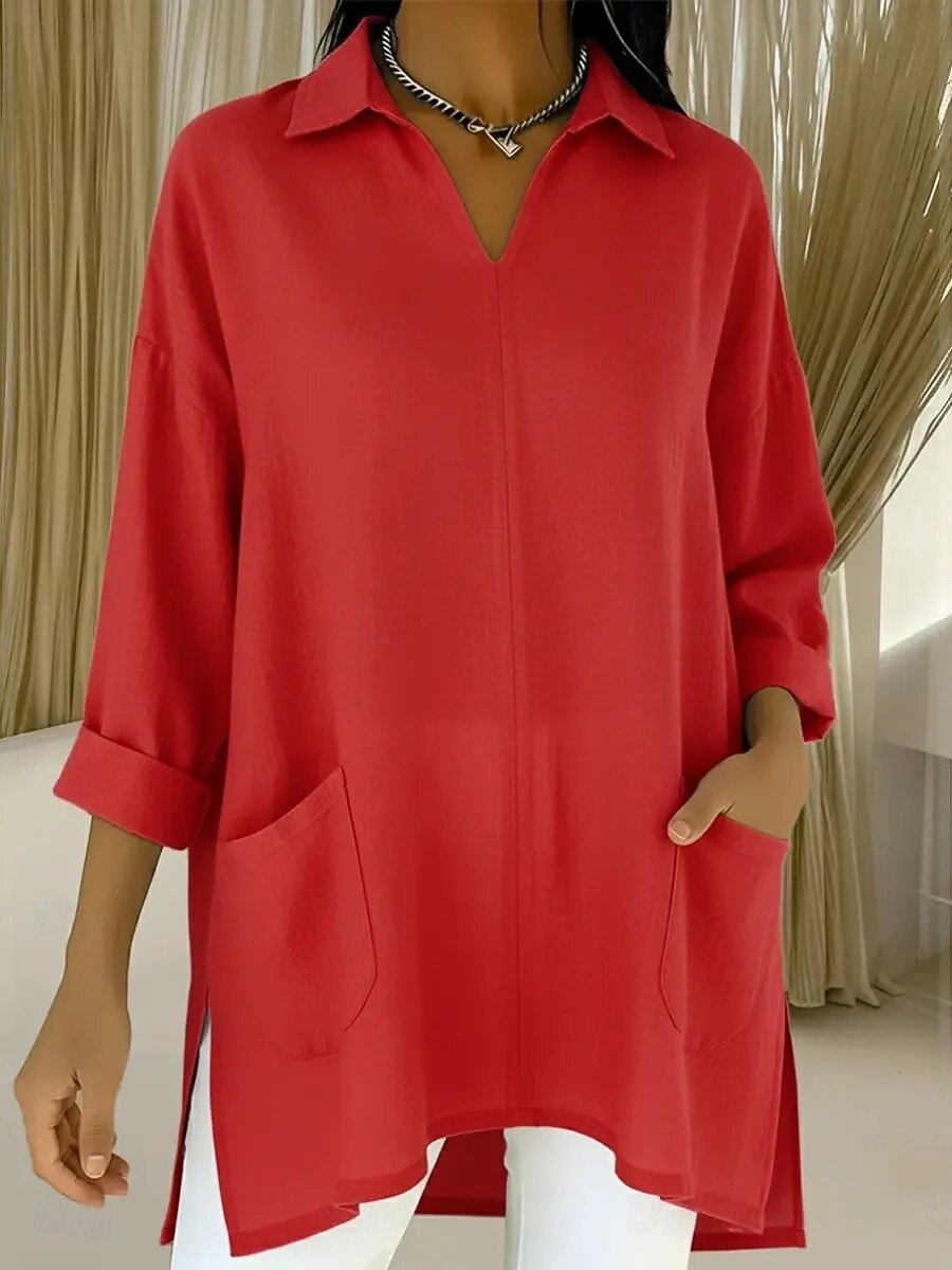 Women's Linen Like Faux Cotton Linen Blouse Pocket Buttons Solid Color Stylish Casual Long Sleeve Shirt Collar Long Tops Daily Blue Black White Red Purple Spring Fall 2026 - $24.99 –P1