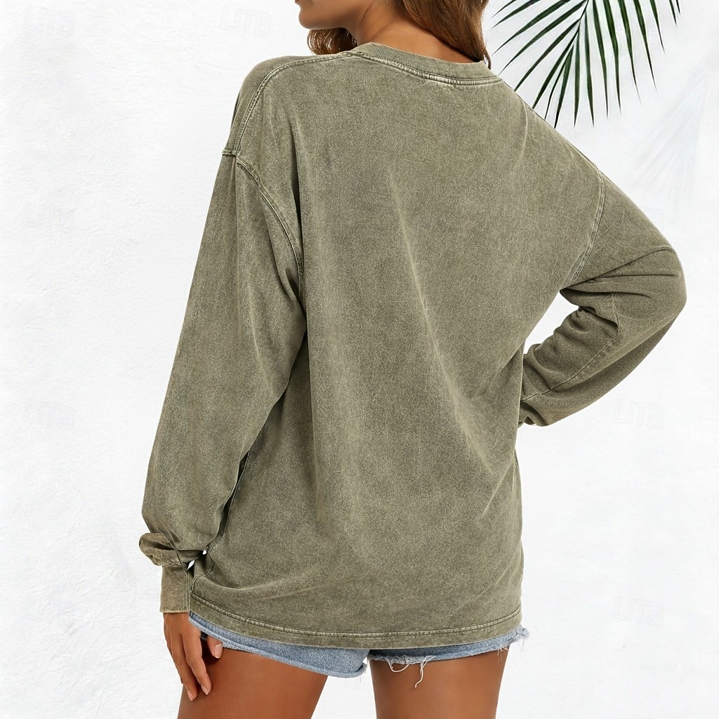 Camiseta de gran tamaño de 100% algodón para mujer tops vintage lavados estilo vintage casual de manga larga cuello redondo regulares para el día salir fin de semana negra marfil verde ejército rojo 2026 - $21.99 –P8