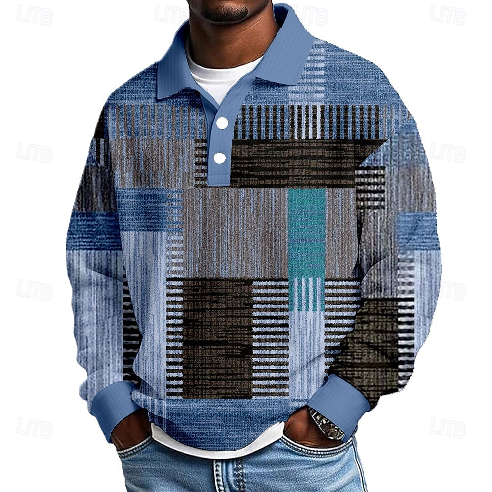 Homme Géométrique Bloc de Couleur Chemises Polo Gaufre Texturé manche longue Polos Revers Occasionnel Athleisure Tenue quotidienne Impression 3D Printemps Automne Hiver Bleu Violet Marron de 2026 ? $12.99 –P3