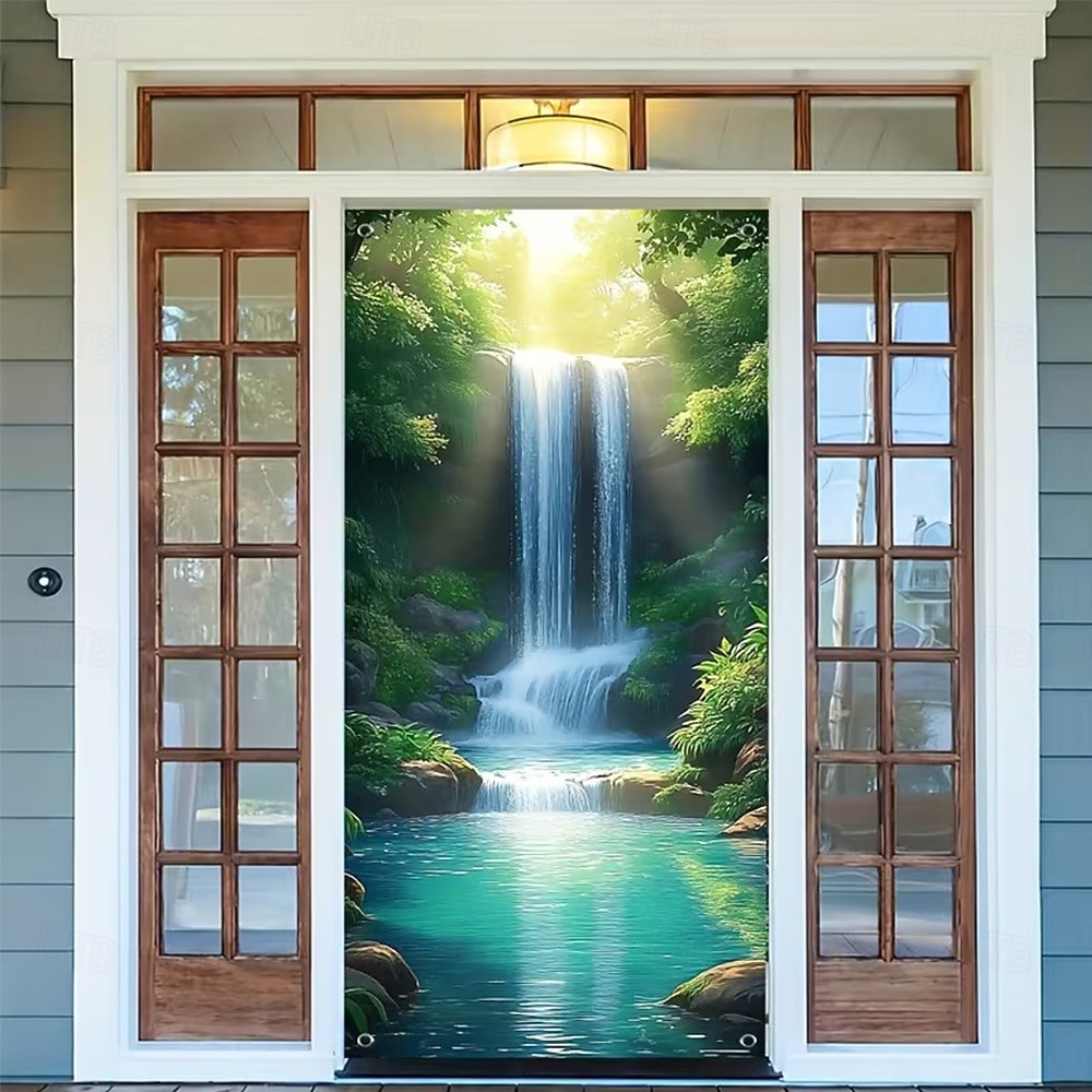 Tenda da ingresso con vista realistica della natura, da appendere alla parete per l'ingresso del portico, con banner per porta da giardino giapponese in 3D, scena con cascata e laghetto koi. del 2026 a $17.99 –P7