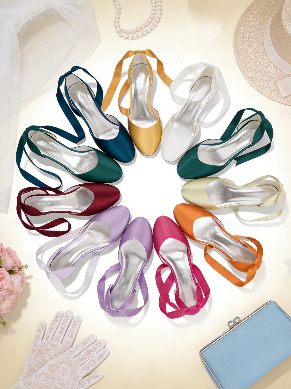 Sapatilhas femininas multicoloridas de cetim com amarração no tornozelo, elegantes sapatos de bico fino para damas de honra em casamentos ao ar livre no gramado. de 2026 por $59.99 –P1
