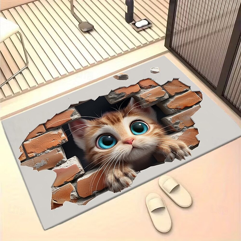 Felpudo con ilusión 3D de gatito, impresión 2D de un gato asomándose a través de una pared de ladrillos para una entrada divertida y original, perfecta para los amantes de los gatos. 2026 - $17.99 –P1
