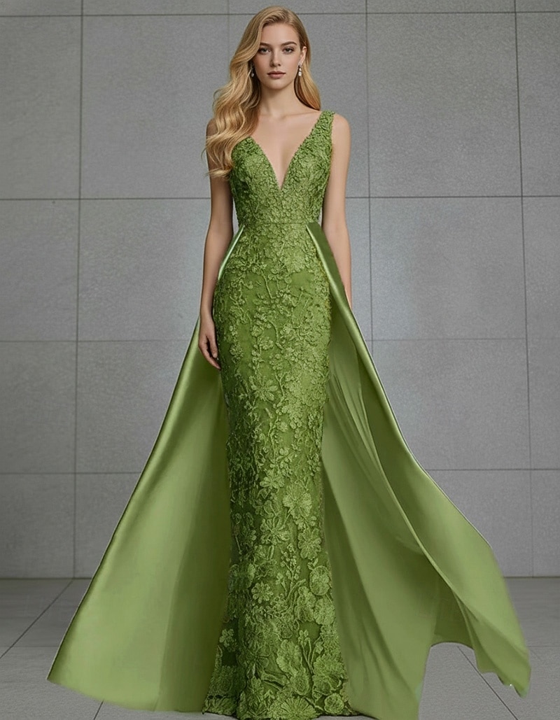 Sereia Longo Vestidos de noite Vestido de baile com sobressaia Vestido formal Elegante Sem Manga Decote V Casamento Formal Cetim Renda Sem parte Traseira com Bordado Apliques de 2026 por $205.89 –P1