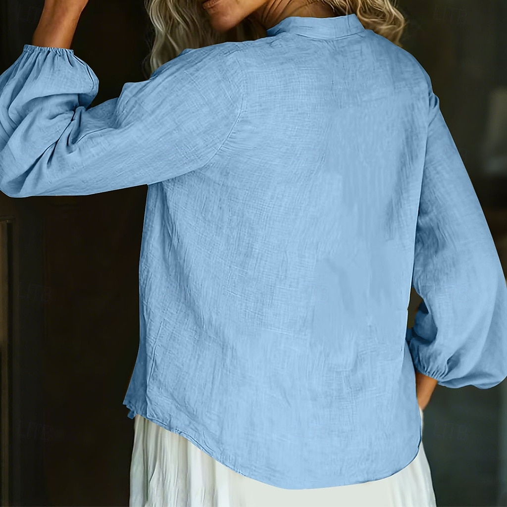 Mulheres Camisa de linho camisa de verão camisa de botão Bolsos Côr Sólida Tecido Diário à moda Casual Manga Longa Decote V Tops regulares Feriado Roupa de Praia Roupas de resort Preto Branco Amarelo de 2026 por $27.99 –P7