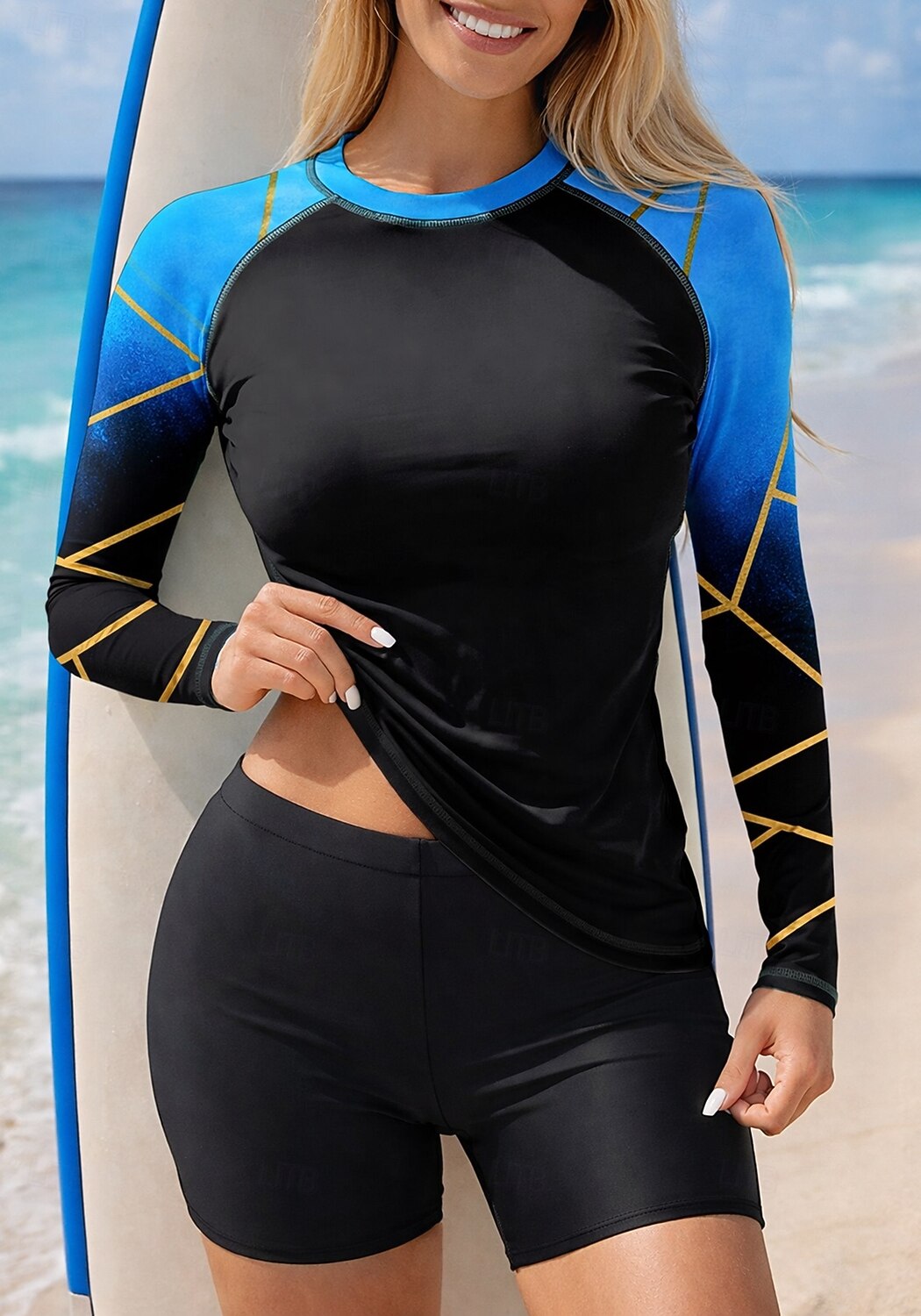 2026年 女性用 ラッシュガード水着 ラッシュガード タンキニ水着 勾配 縞柄 2個 取り外し式パッド ボイレグ UVサンプロテクション UPF50+ UVプロテクション 長袖 スイムウェア ラッシュガード サーフィン カヌー ウォータースポーツ 夏  コレクション – $31.99 –P5
