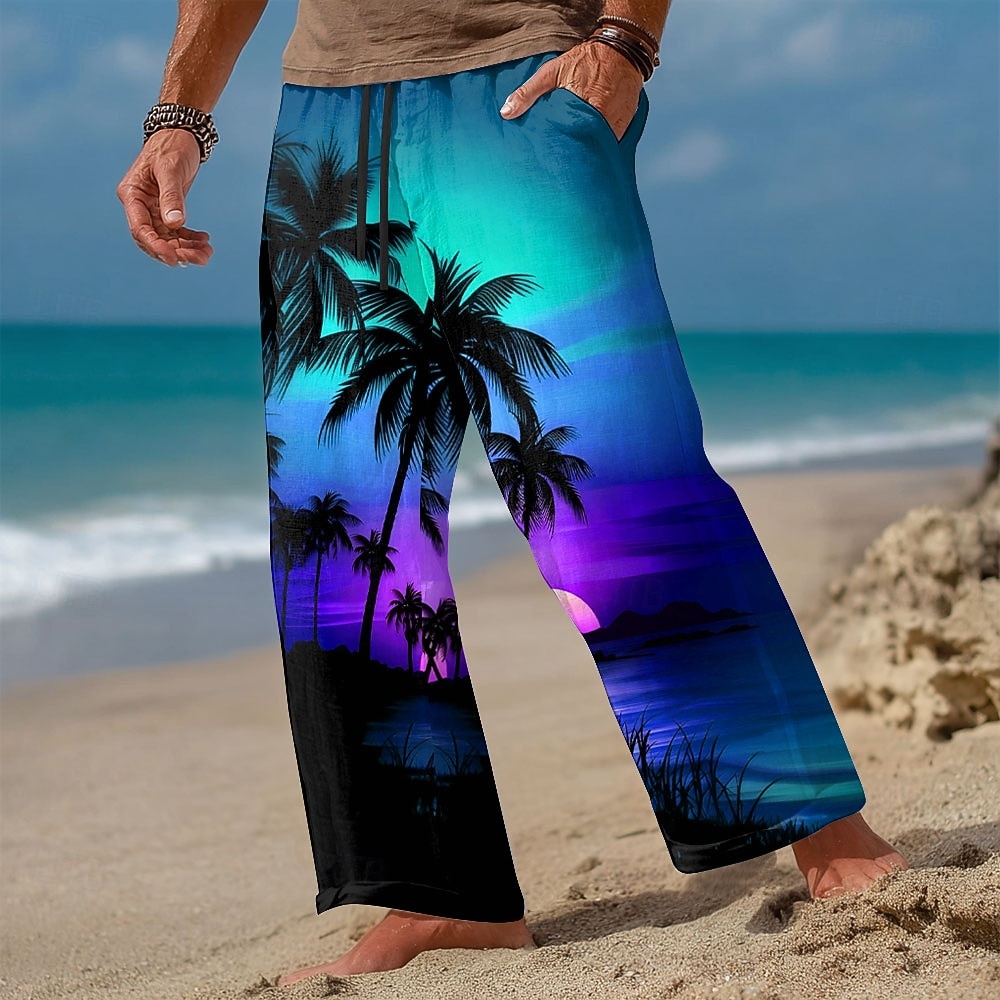 Miesten Kookospuu Auringonlasku Trooppiset kasvit Housut Rennot housut Roikkuvat housut Keskivyötärö Havaijilainen ulko- Loma Ranta-asut Joustava kiristysnyöri vyötäröllä Pellavamaiset housut 2026 - $27.99 –P2