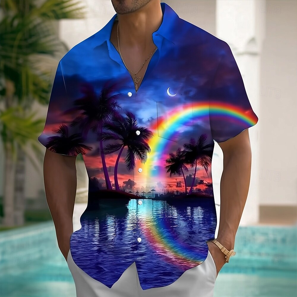 Herren Regenbogen Kokospalme Landschaft Sommer Hawaiihemd Knopfhemd Alohahemd Kurzarm Hawaiianisch Urlaub Sommer Frühling Umlegekragen 3D-Druck Hemden mit Kragen Eine Tasche vorne Blau Dunkelblau 2026 - $25.99 –P1
