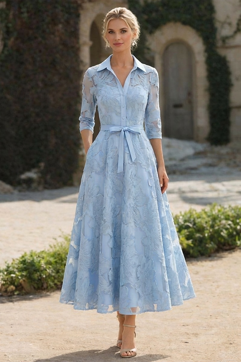 А-силуэт До щиколотки Платье-рубашка Вечернее платье Платье для матери невесты Длинный рукав Рубашечный воротник Элегантный стиль Винтаж Официальные Жаккард с Бант(ы) Вышивка Цветы 2026 - $152.99 –P1