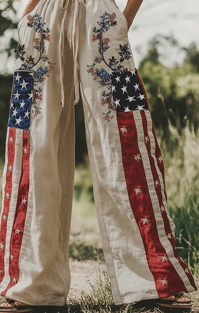 Calça feminina pantalona estilo boho para o Dia da Independência dos EUA, cintura alta, estampa floral, cordão ajustável, elástico na cintura, respirável, confortável e ideal para o dia a dia. de 2026 por $27.99 –P3