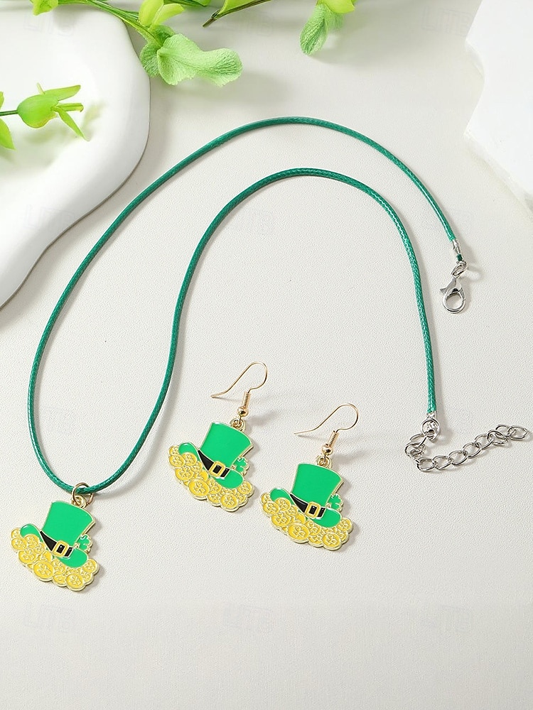 Női ötvözet anyagból készült Szent Patrik-napi nyaklánc és fülbevaló szett lóhere, kalap és lóhere mintákkal, tökéletes Szent Patrik-napra, mindennapi viseletre és ünnepi alkalmakra. 2026 - $11.99 –P6