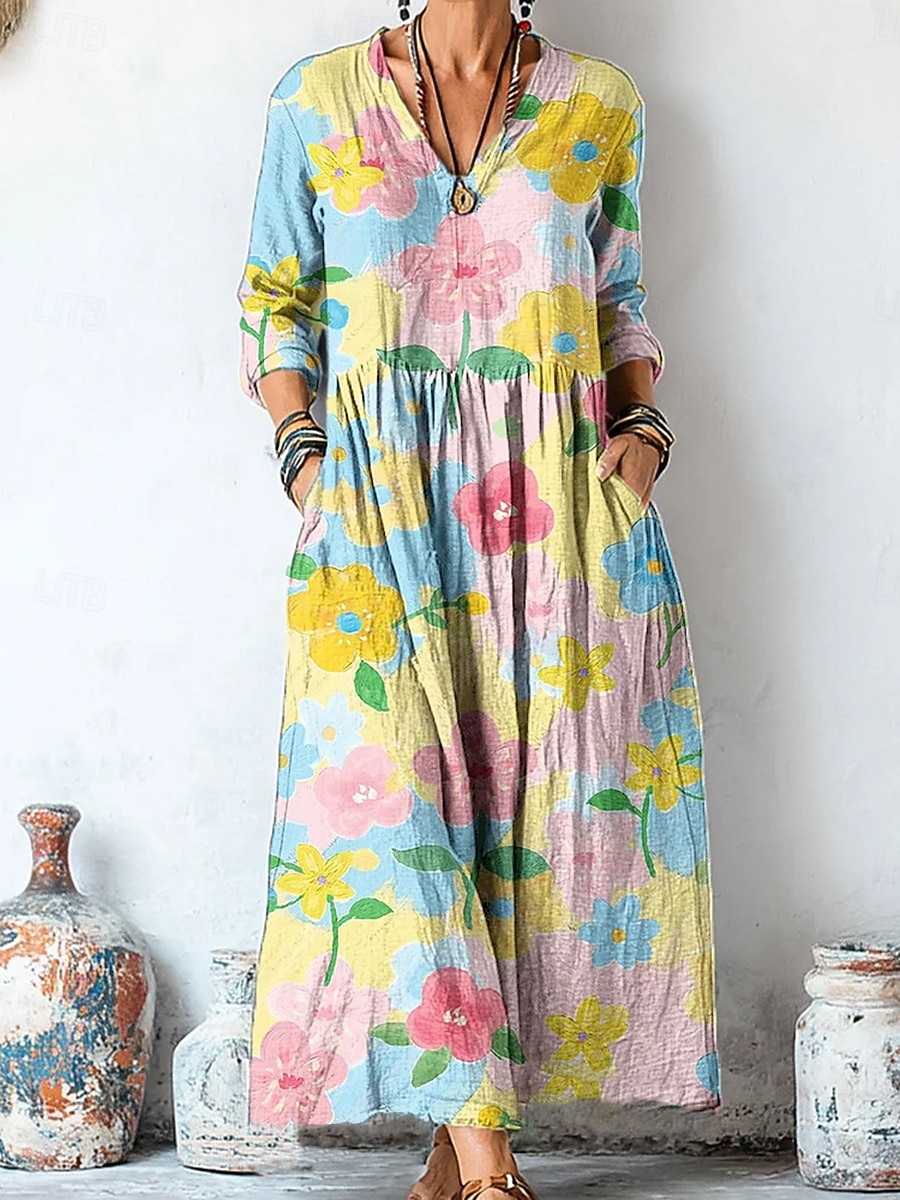 Per donna Abito Midi Abito a Tubino Casual Data Vestibilità comoda Floreale Grafico Manica Lunga Scollo a V Giallo Rosa Viola Estate Primavera del 2026 a $35.99 –P2
