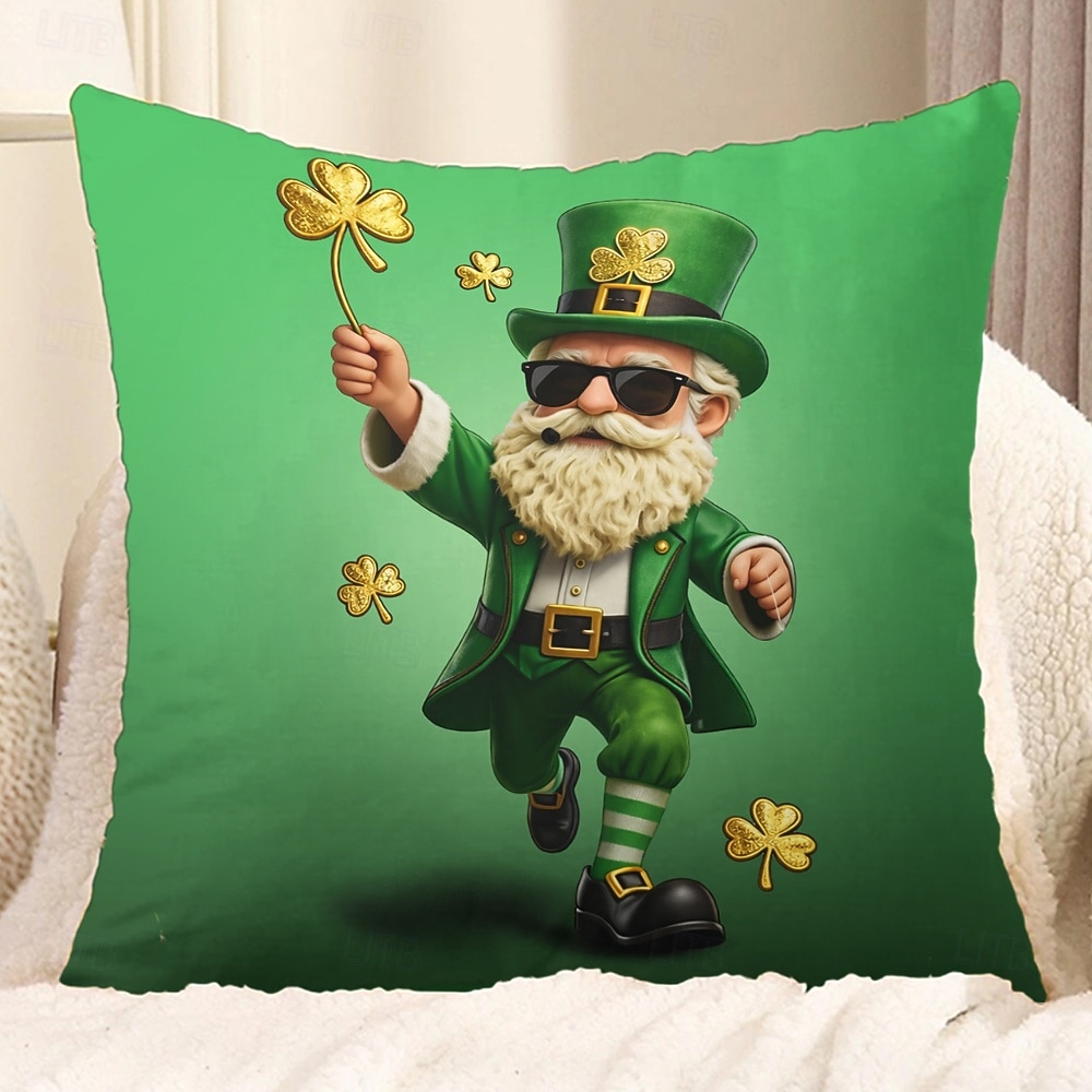 Szent Patrik-napi lóhere manó sör díszpárnahuzat 45x45 cm, vintage retro zöld 3D nyomtatott dekoratív párnahuzat 2026 - $10.99 –P13