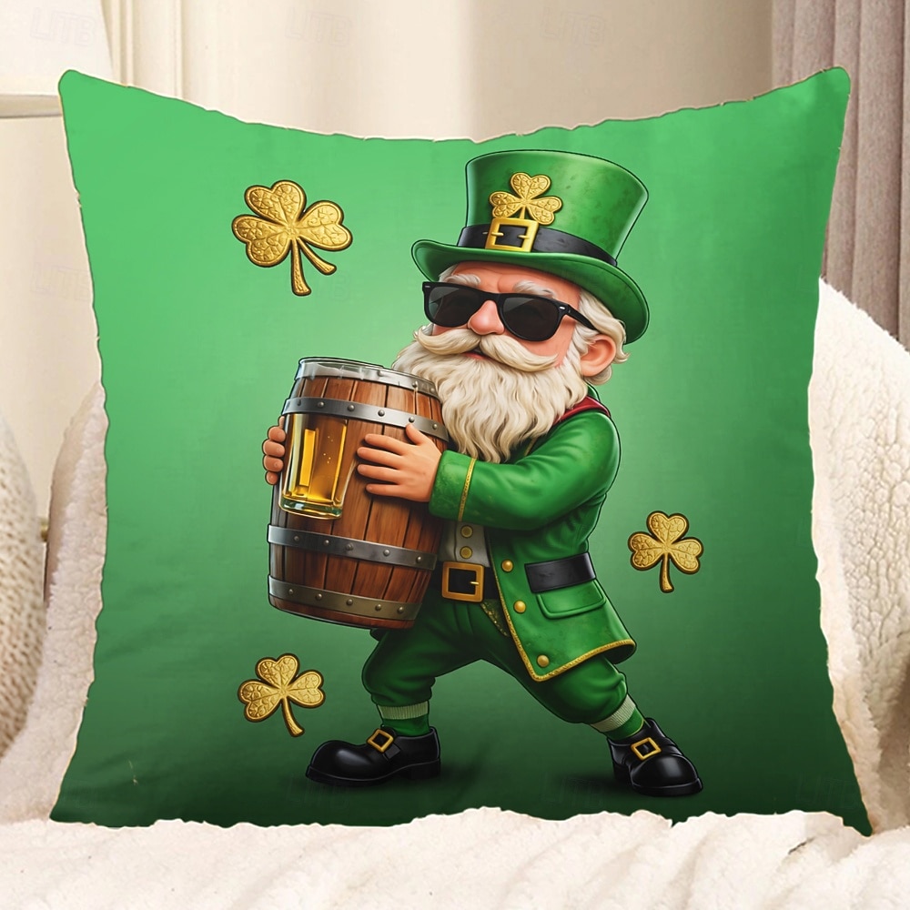 Szent Patrik-napi lóhere manó sör díszpárnahuzat 45x45 cm, vintage retro zöld 3D nyomtatott dekoratív párnahuzat 2026 - $10.99 –P10